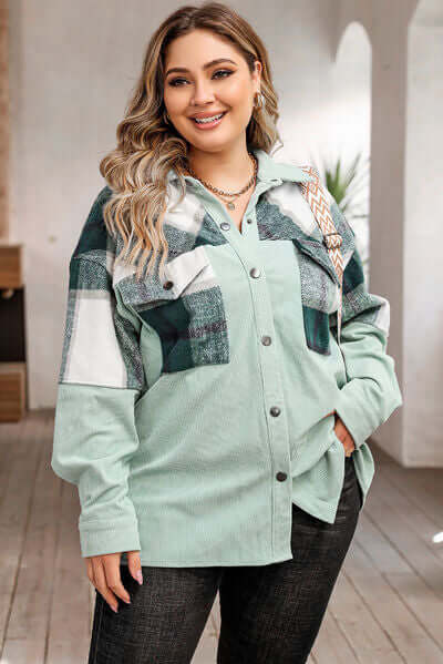 Street Wave Shacket Coat For Curvy Women Oversized Fit Cotton Blend Plaid With Buttons And Pockets