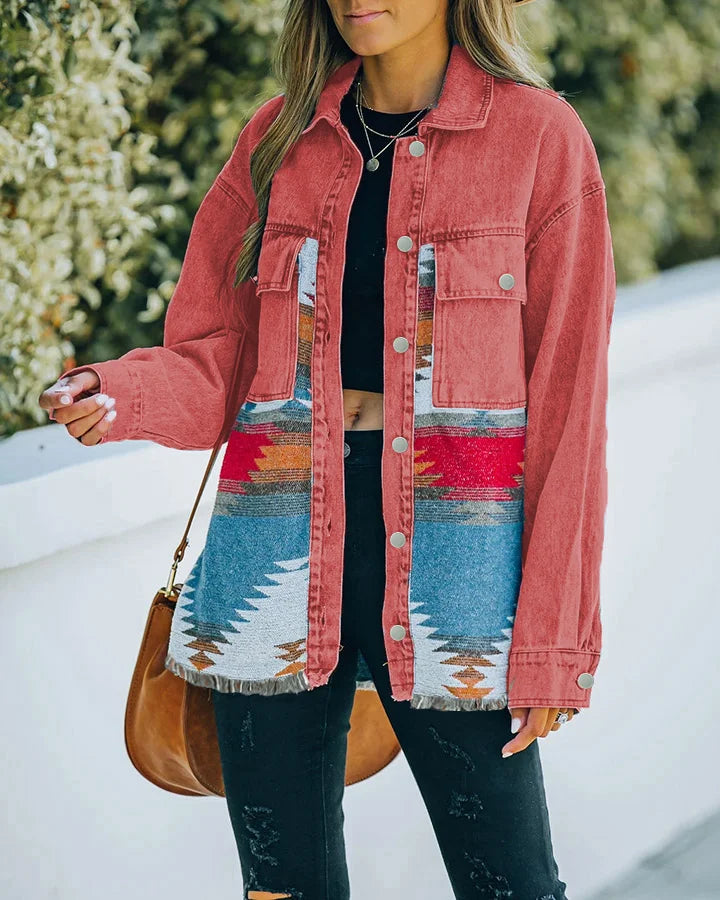 Street-wave Womens Oversized Jacket With Southwestern Knit Panels For Cozy Everyday Style