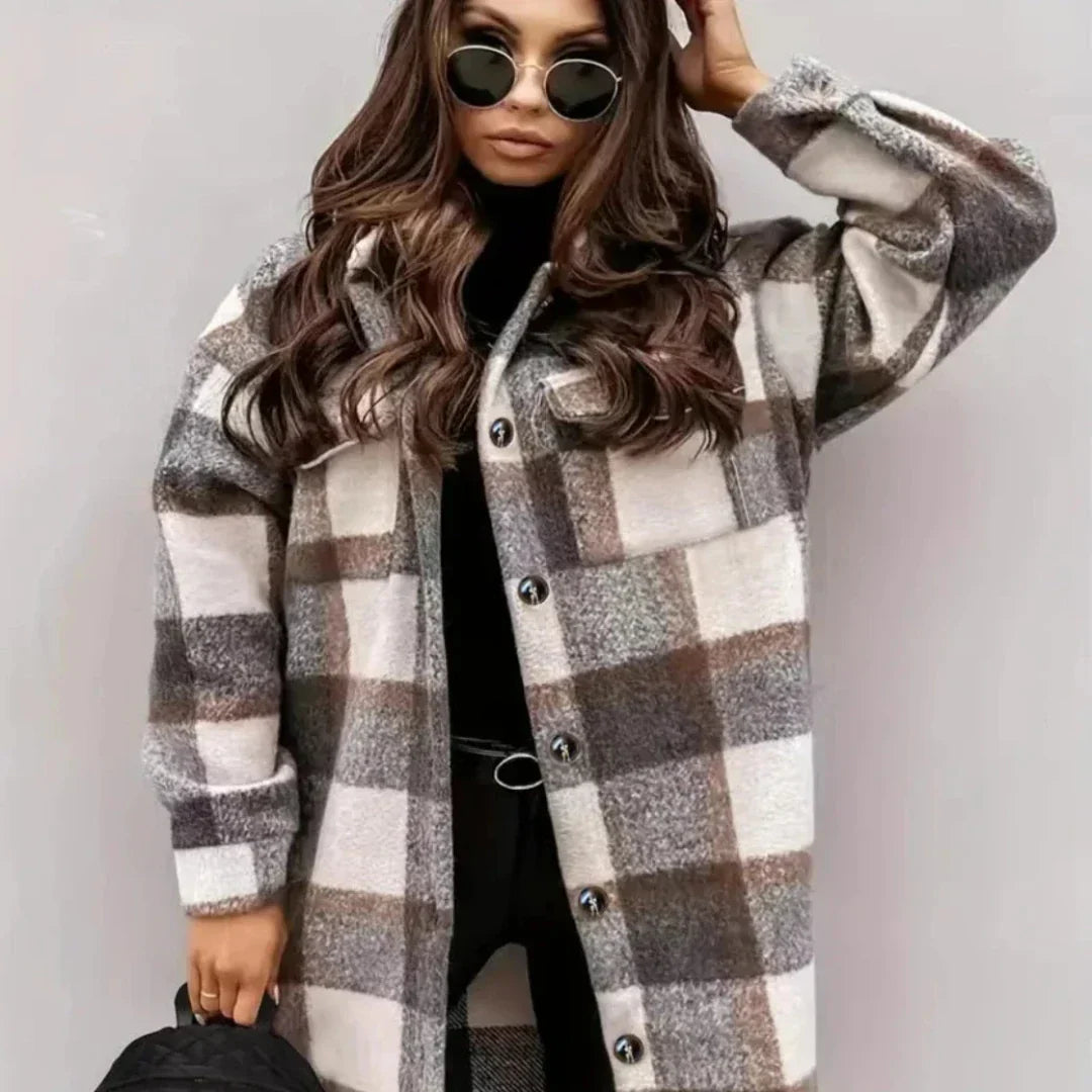 Street-Wave Women Long Winter Coat With Button Closure, Plaid Pattern, Extended Length, Warm And Stylish