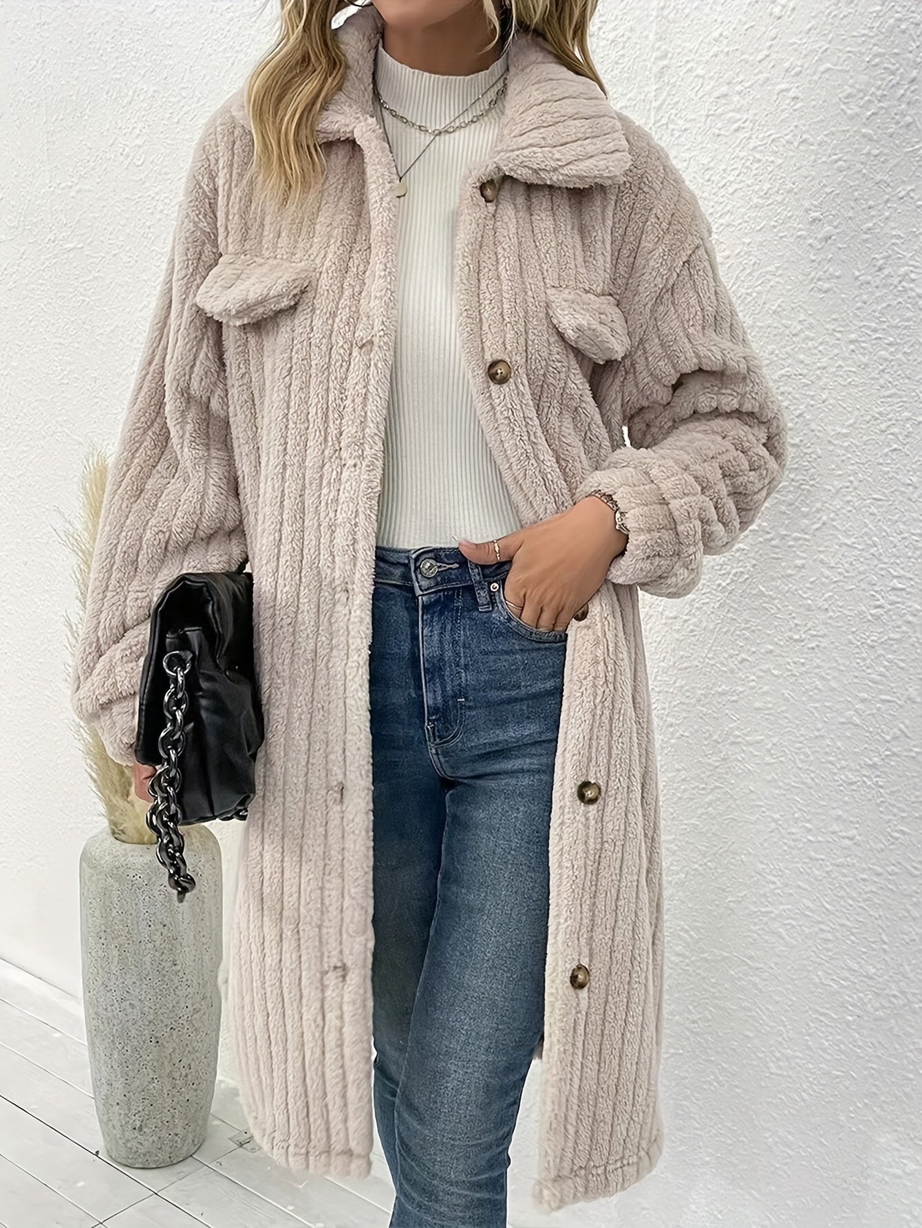 Street-Wave Soft Velvet Long Coat With Button Closure Polyester For Women Warm Cozy