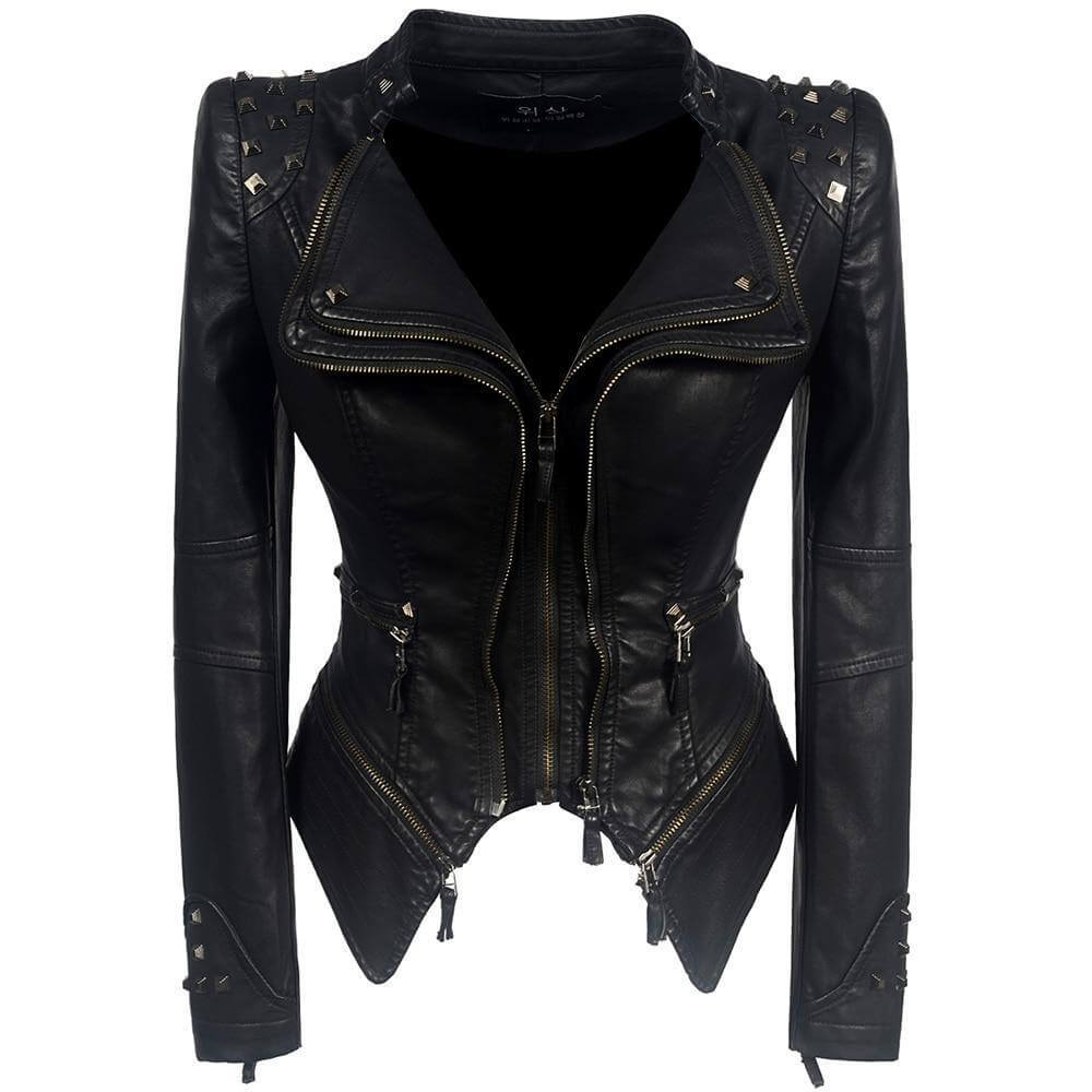 Street Wave Gothic Faux Leather Jacket For Women Edgy Yet Elegant Biker Style With Stud Accents