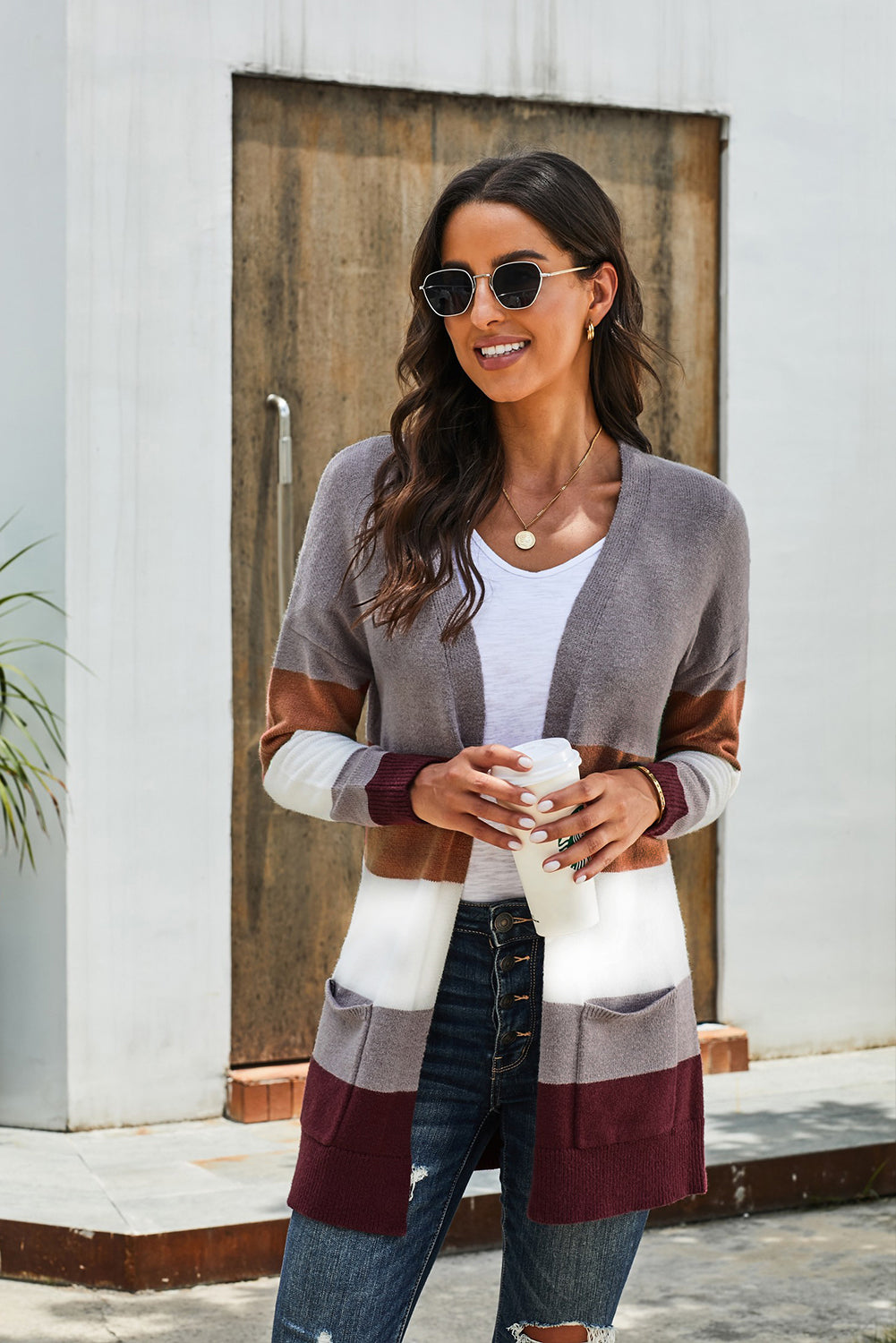 Streetwave Color Block Open Front Cardigan With Pockets For Women Cozy Chic Everyday Wear