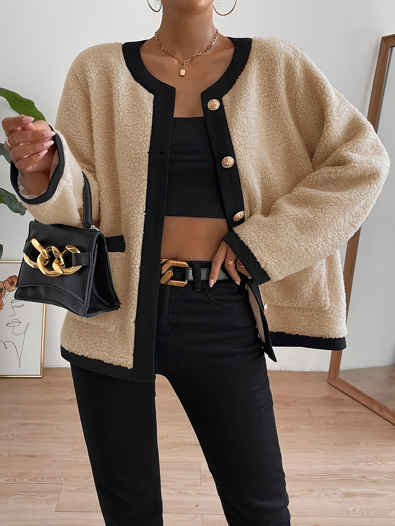 Street-Wave Teddy Jacket With Contrast Trim For Women, Cozy All Day Comfort, Effortless Style