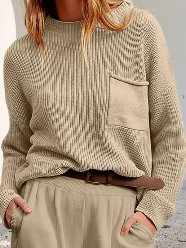 Street-Wave Cozy Relaxed Knit Sweater With Pocket For Women All Day Comfort Soft Minimalist Everyday Essential