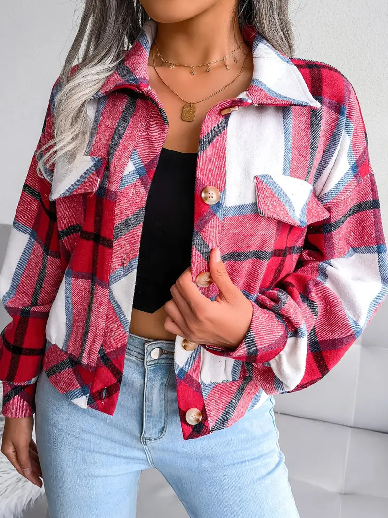 Street Wave Plaid Flannel Jacket For Women Short Cut Cozy Warm Khaki Everyday Chic