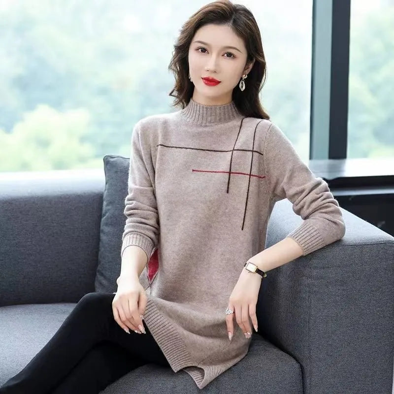 Street Wave Women Knit Dress Cozy Mock Neck Pullover For Fall Winter Casual Chic