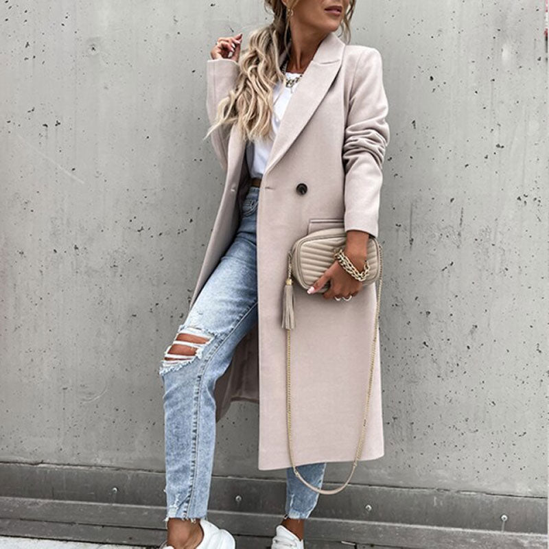 Street-wave Button Front Long Coat For Women Elegant Cozy Outerwear For City Professionals Chic Wardrobe Staple