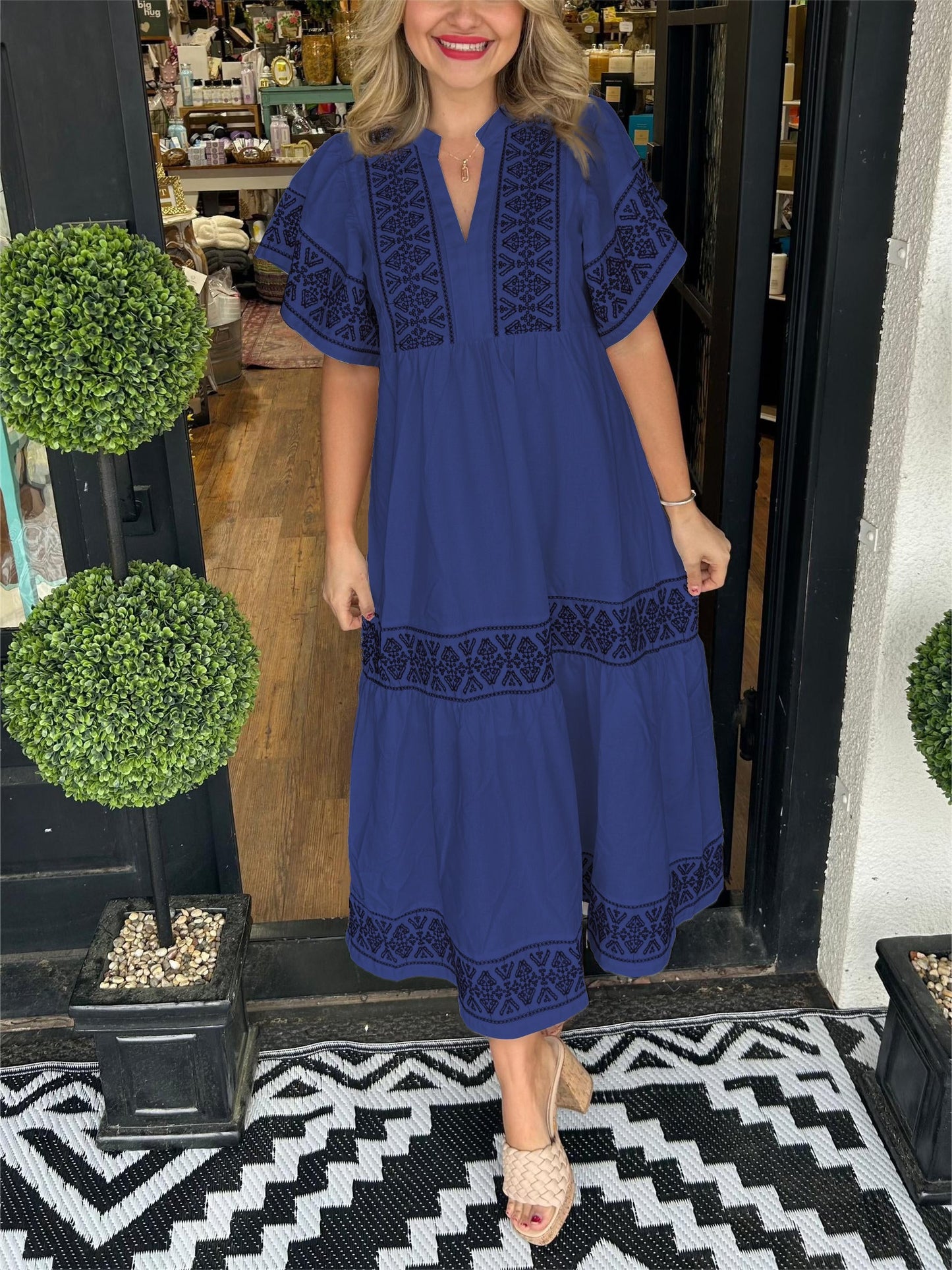 Street Wave Boho Maxi Dress Adriana Embroidered Brown Detail For Women Flattering Bohemian Style