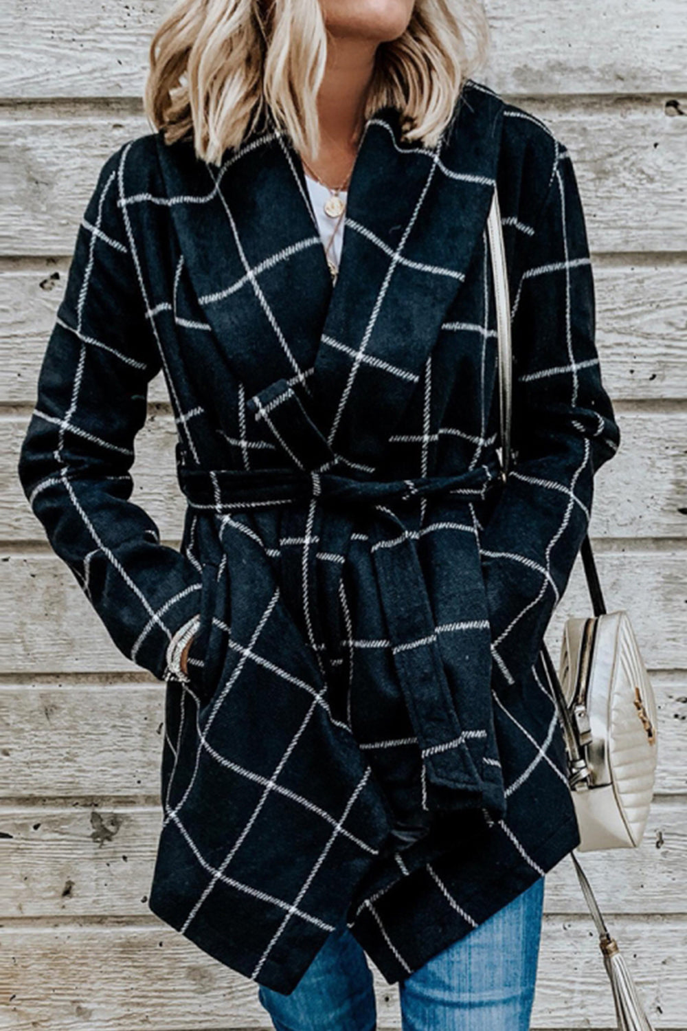 Street Wave Plaid Belted Coat For Women Cozy Warm Wrap With Lapel Collar Premium Polyester
