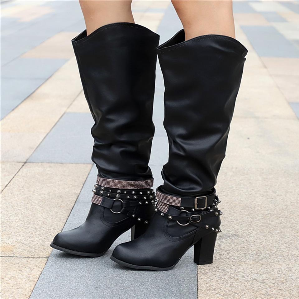 Women's Knee-High Slouchy Boots with Block Heel and Versatile Style