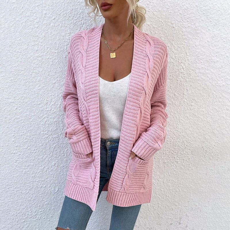 Street Wave Cable Knit Cardigan For Women Open Front With Pockets Cozy Layering Essential