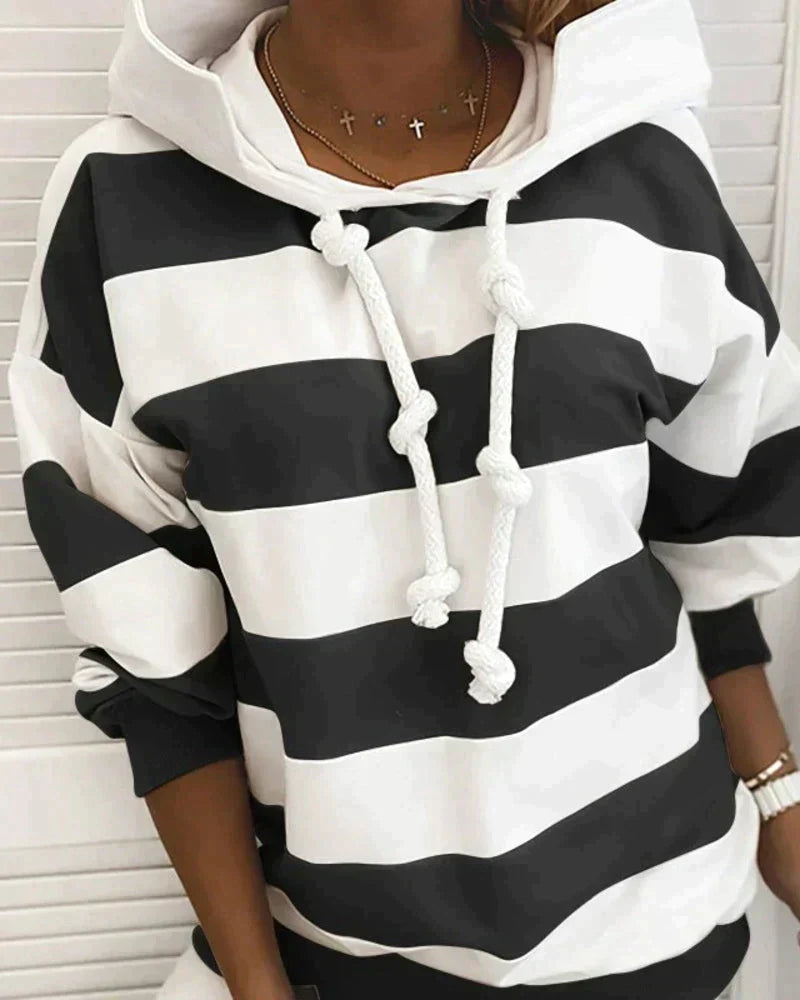 Street-wave Striped Hoodie Women Cozy Fall Essential With Rope Drawstrings And Soft Casual Fit