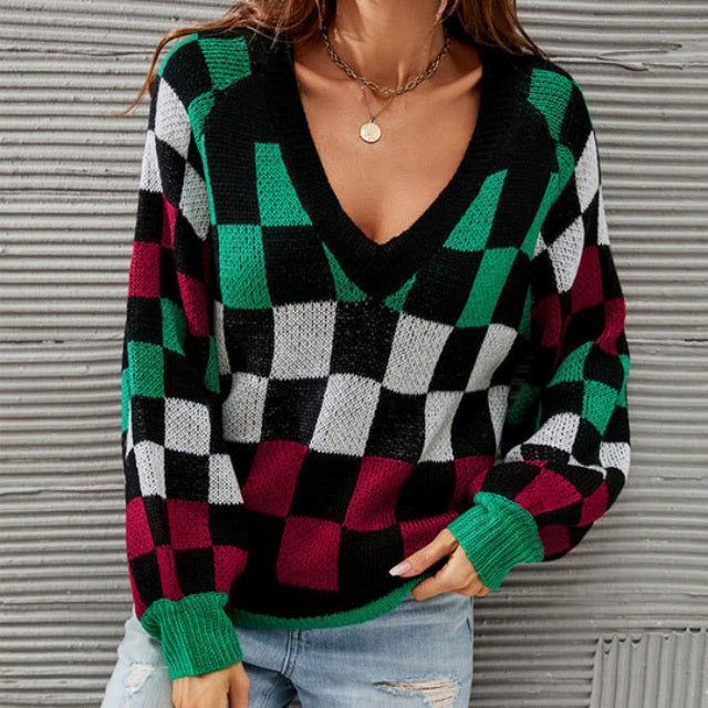 Street-wave Women's V-Neck Lantern-Sleeve Contrast Knit Pullover Modern Silhouette Cozy Trend