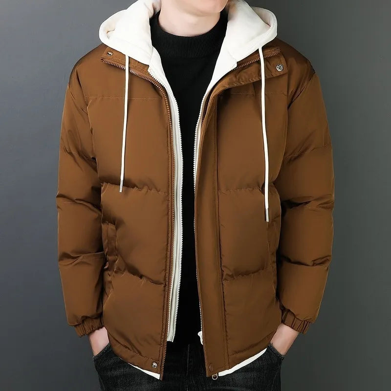 Street-wave Men's Windproof Puffer Jacket With Heavy Cotton Insulation And Hooded Design