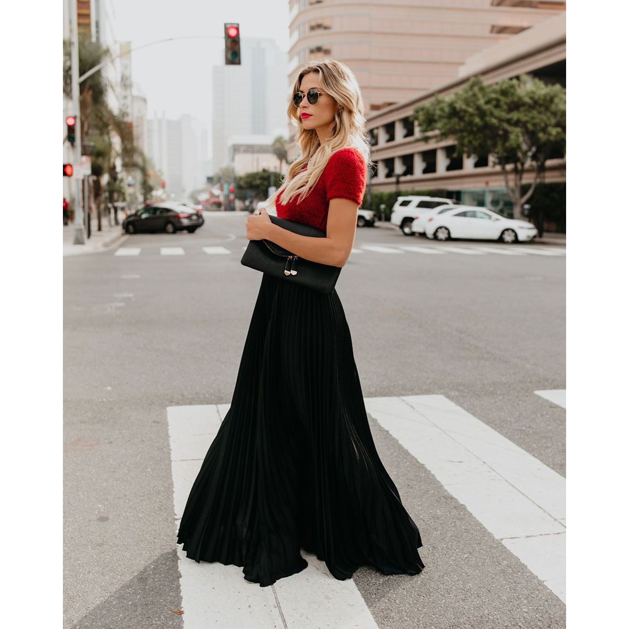 Clair Women Long Pleated Maxi Skirt High Waist Flowing Red Maxi for Everyday Chic