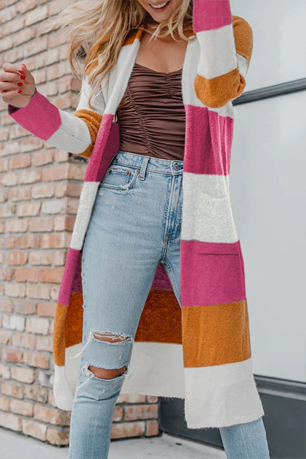 Street-Wave Open Front Color Block Knit Cardigan For Women Cozy Warmth Modern Style