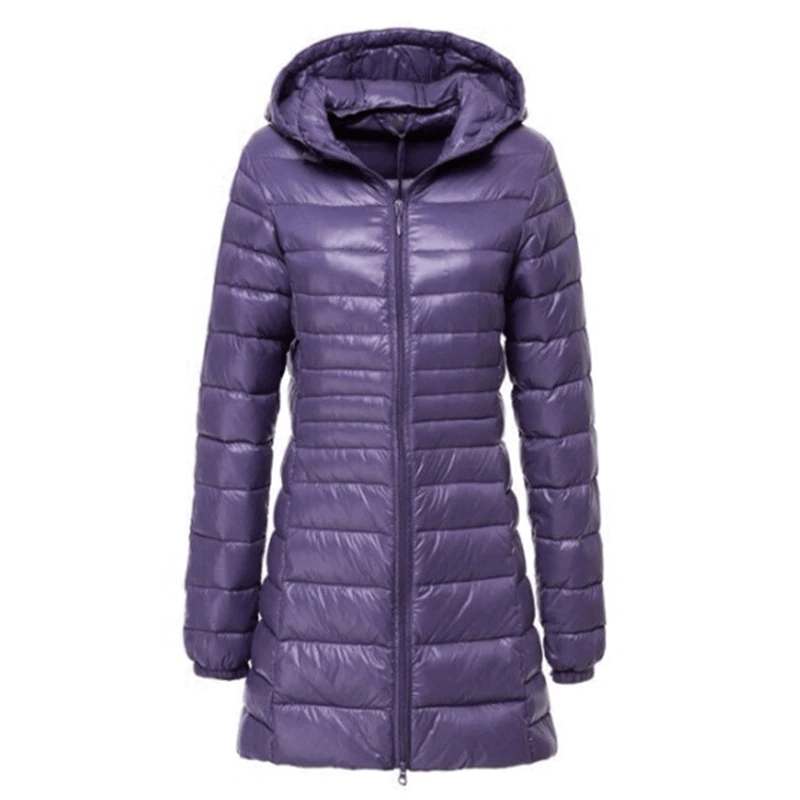 Street-wave Women's Lightweight Long Down Jacket With Premium Warmth And Hooded Comfort