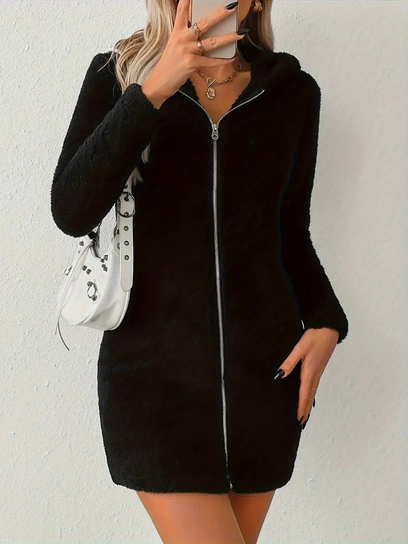 Street-Wave Winter Zip-Up Hoodie Dress for Women Cozy Fleece Comfort and Chic Style