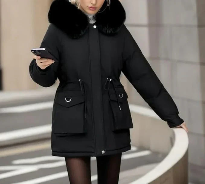 Street-Wave Insulated Parka Coat With Faux Fur Hood Mid-Thigh Length Adjustable Waist Women's Winter Outerwear