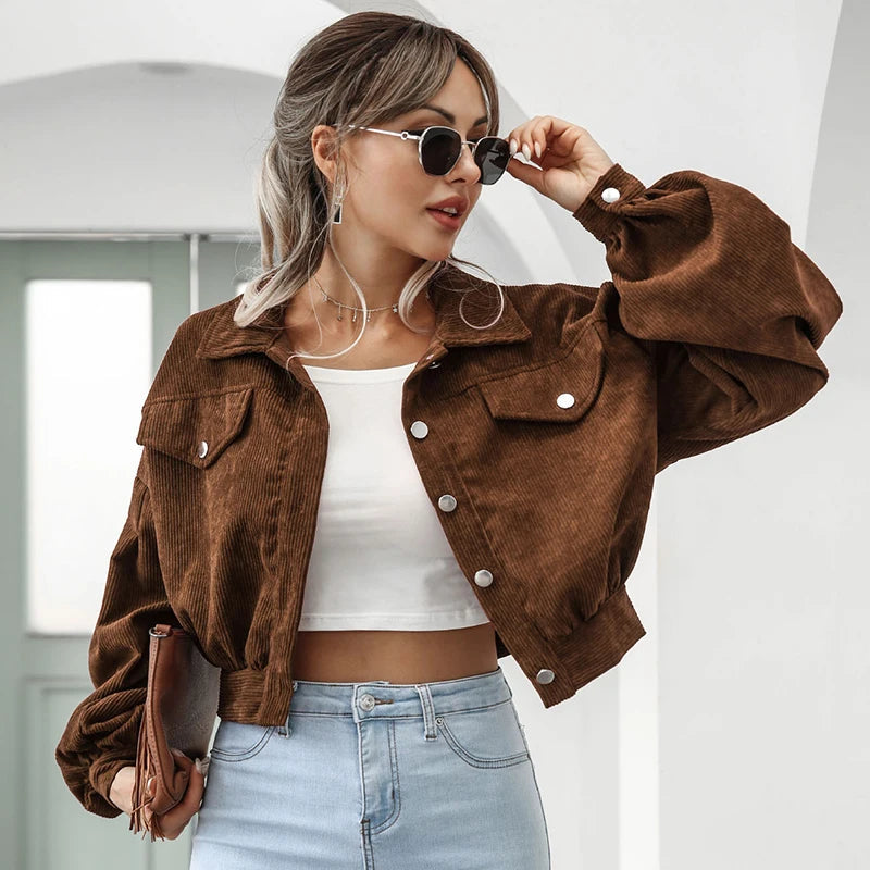 Street-Wave Corduroy Casual Jacket For Women, Cropped Fit With Balloon Sleeves, Everyday Chic