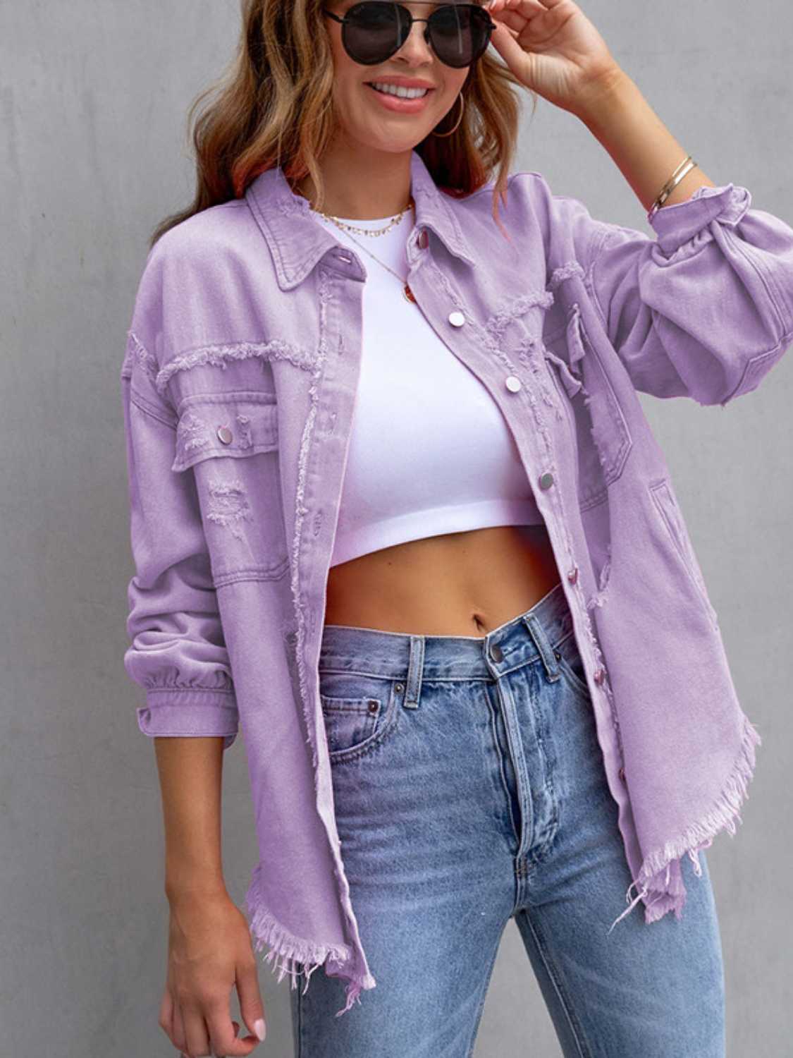 Street Wave Pink Distressed Denim Jacket For Women With Drop Shoulder And Frayed Hem