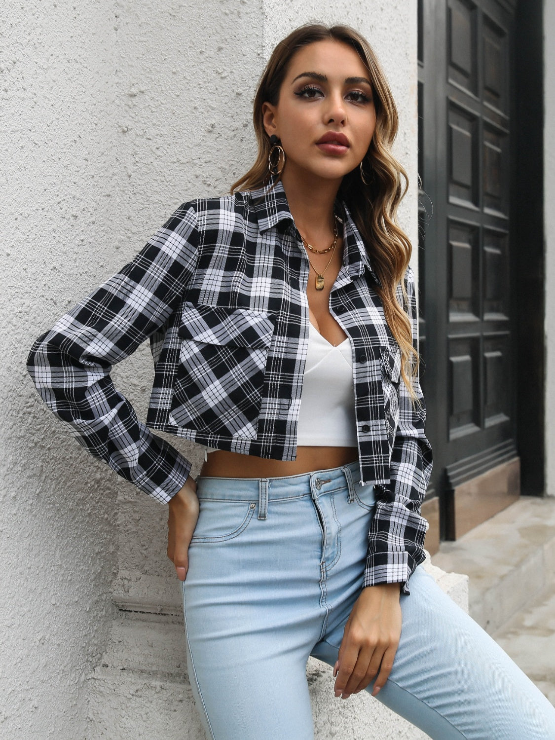 Street-wave Cropped Plaid Shirt Jacket For Women Timeless Comfort Trendy Fit Everyday Wear