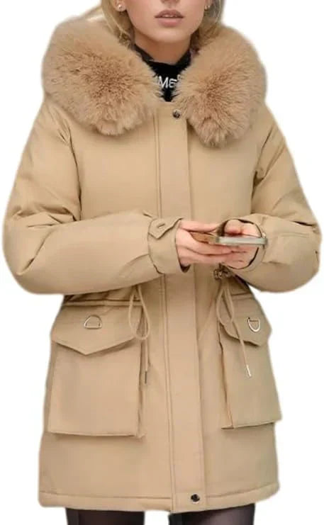 Street-Wave Insulated Parka Coat With Faux Fur Hood Mid-Thigh Length Adjustable Waist Women's Winter Outerwear