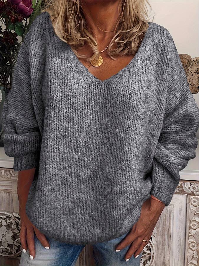 Street-Wave Oversized V-Neck Sweater for Women Cozy Knit Pullover Soft Polyester Warm Everyday Wear