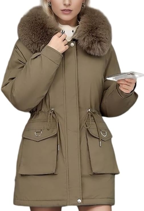 Street-Wave Insulated Parka Coat With Faux Fur Hood Mid-Thigh Length Adjustable Waist Women's Winter Outerwear