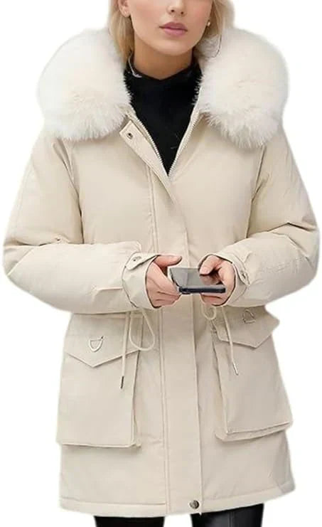Street-Wave Insulated Parka Coat With Faux Fur Hood Mid-Thigh Length Adjustable Waist Women's Winter Outerwear
