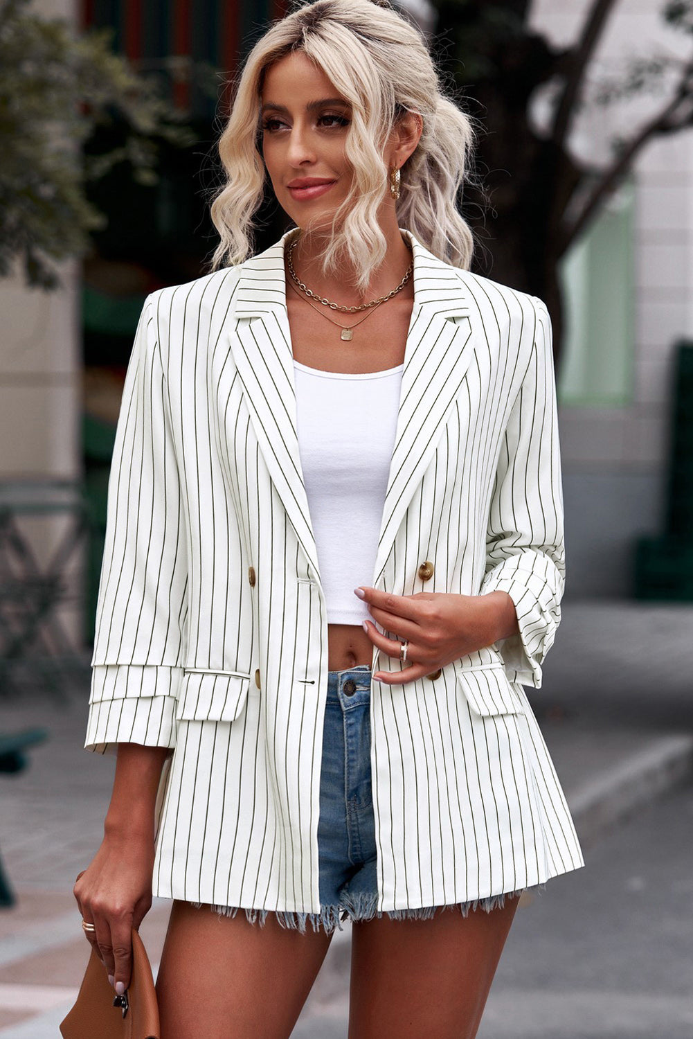 Streetwave Striped Double Breasted Blazer For Women Elegant Longline Three Quarter Sleeve Unlined Polyester