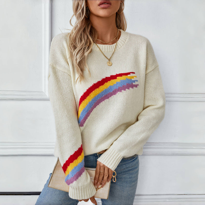 Street-wave Rainbow Knit Sweater For Women Cozy Crewneck With Multicolor Rainbow Pattern And Warmth
