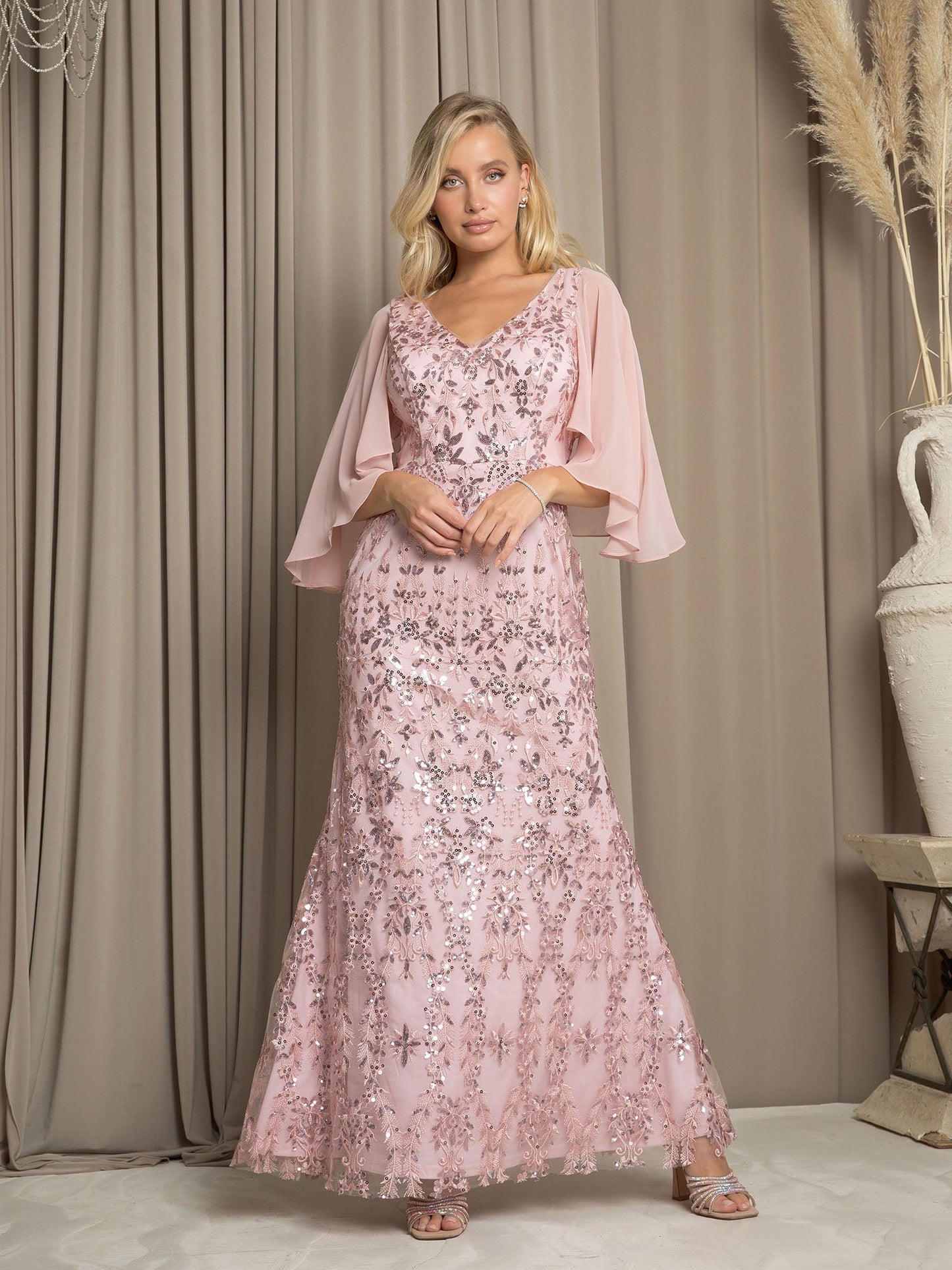 Eva Fashion Mother Of The Bride Cape Dress Long Formal Sequin Embellishments