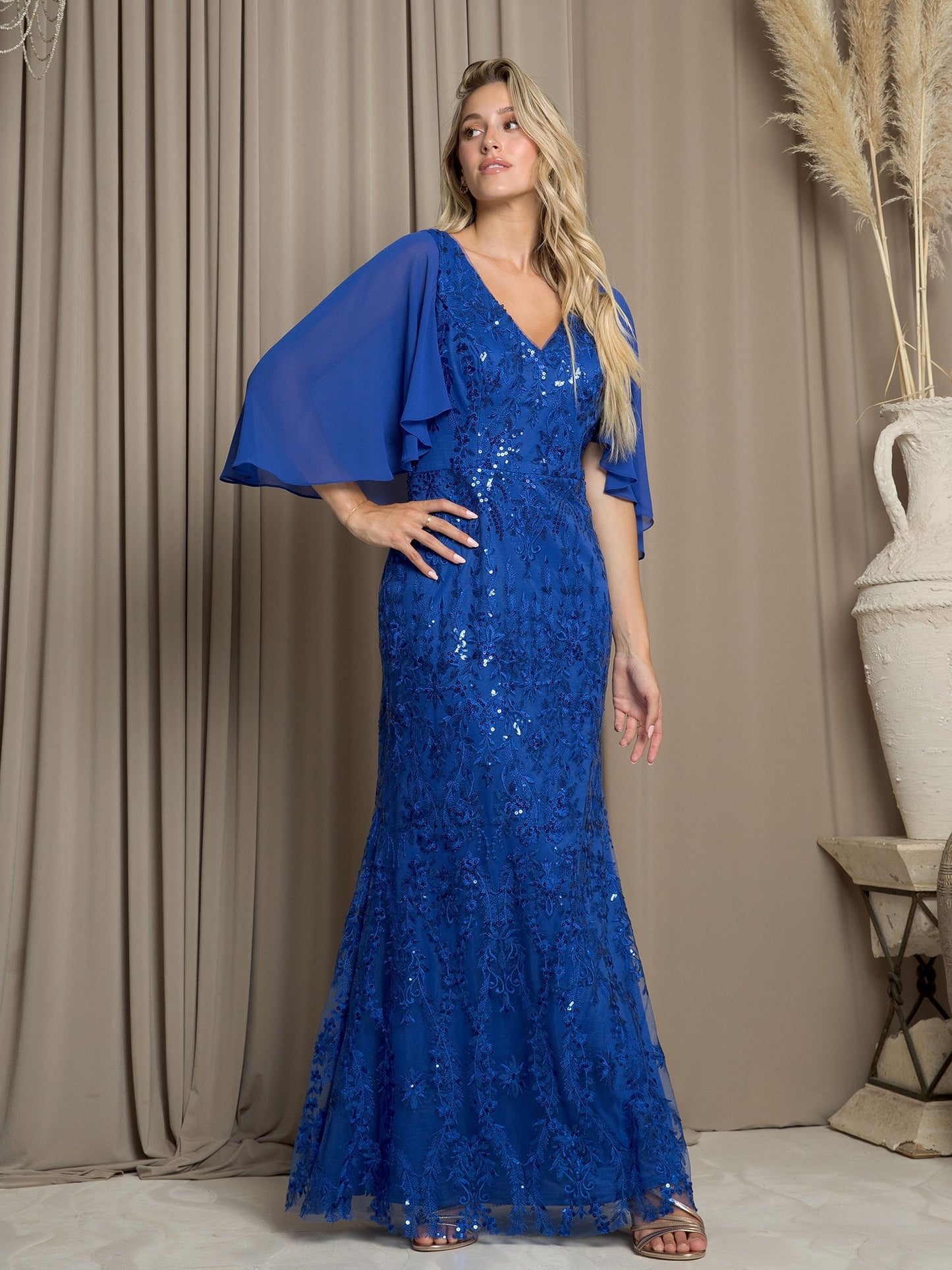 Eva Fashion Mother Of The Bride Cape Dress Long Formal Sequin Embellishments