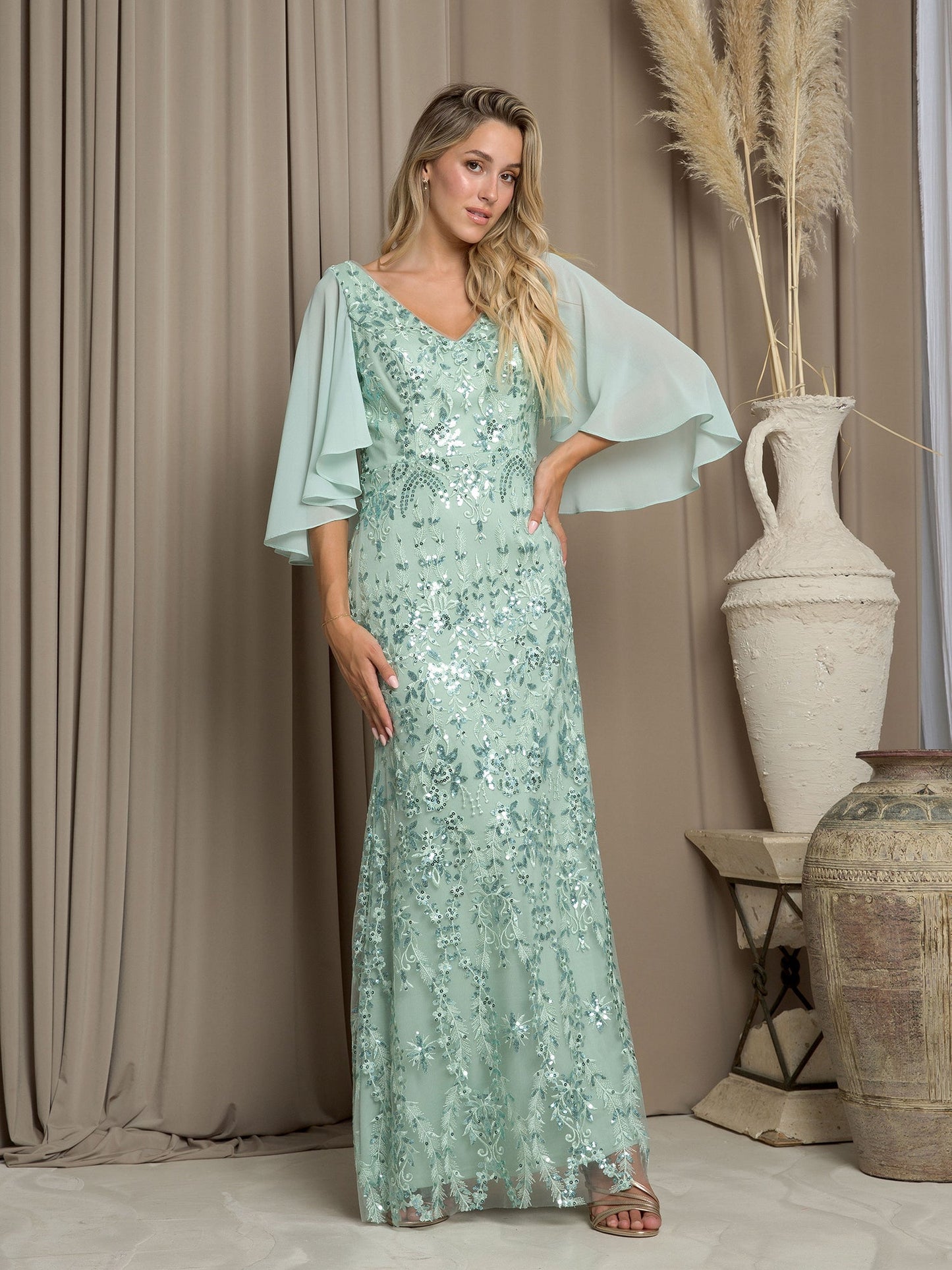 Eva Fashion Mother Of The Bride Cape Dress Long Formal Sequin Embellishments