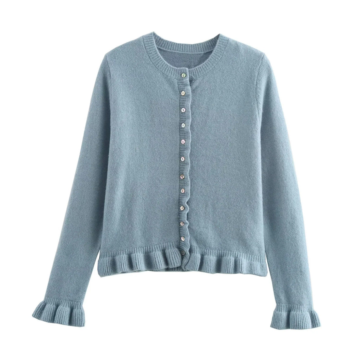 Streetwave Button Cardigan For Women Elegant Ruffle Trim Front Knit Layering Essential