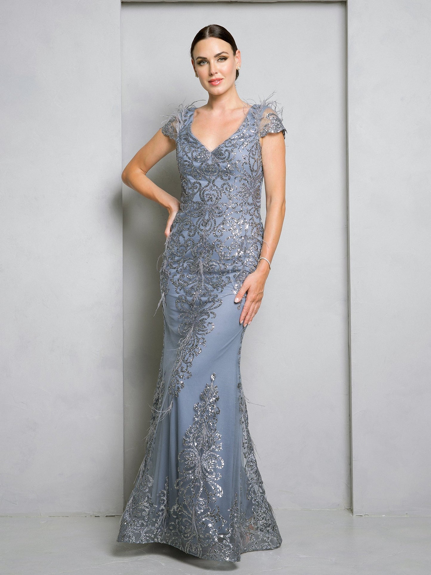 Eva Fashion Long Glitter Applique Evening Dress Cap Sleeves Mothers Of The Bride