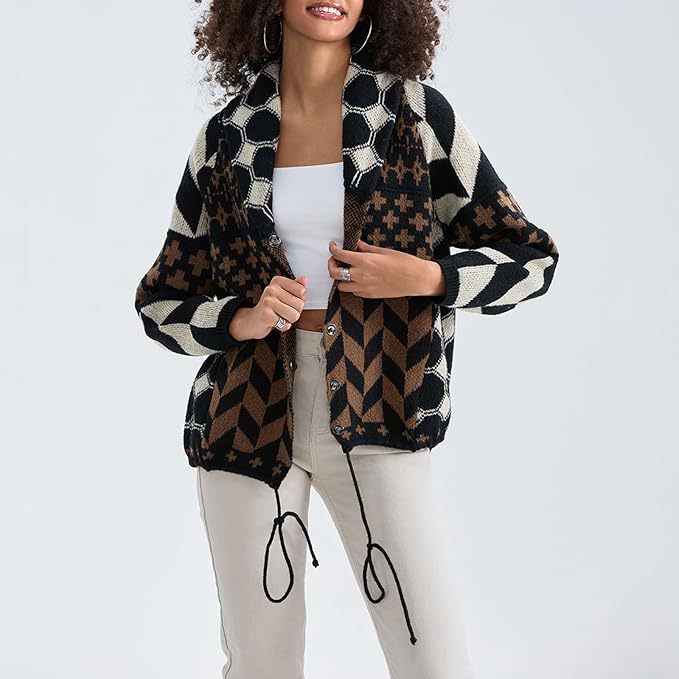 Street-wave Cozy Geometric Knit Jacket Relaxed Fit Women