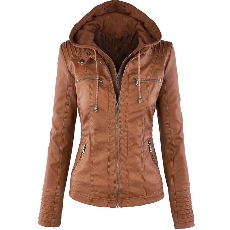 Street-Wave Women Faux Leather Jacket With Removable Hood