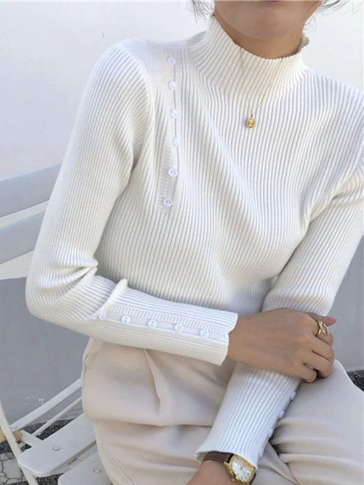 Streetwave Elegant Buttoned Stand Collar Knit Pullover for Fashion Forward Women Made With Premium Materials