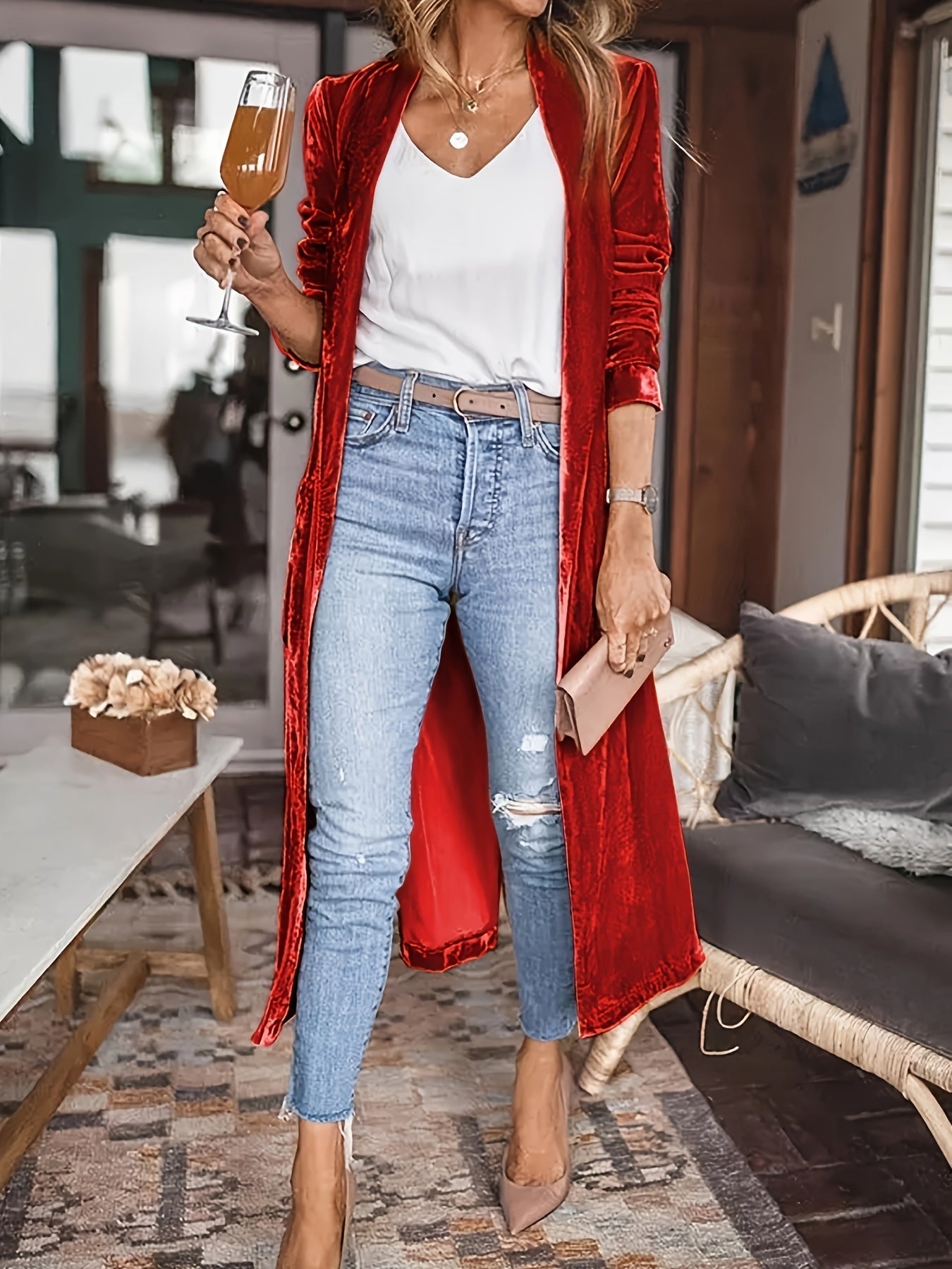 Street Wave Velvet Cardigan Coat For Women Festive Cozy Loose Fit Calf Length Stand Collar