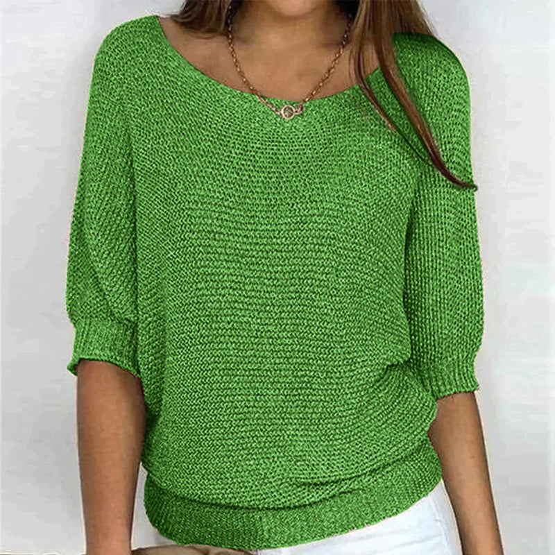 Street Wave Soft Knit Pullover For Everyday Wear Women Crew Neck Neutral Beige Cozy ThreeQuarterSleeve