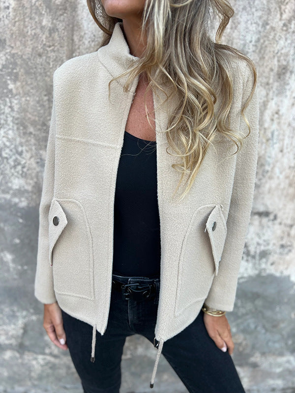 Street Wave Fleece Jacket With Structured Stand Collar For Urban Fashion Lovers Everywhere