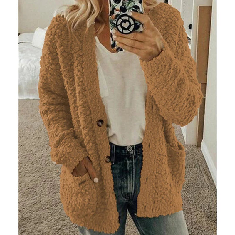 Street-wave Plush Cardigan Coat For Women - Ultra Cozy Warmth With Front Pockets