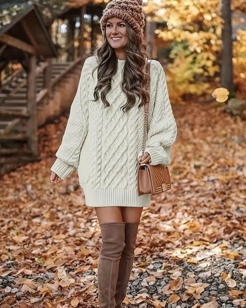 Street-Wave Cable Knit Sweater Dress For Women Cozy Oversized Fit With Elegant Cable Pattern