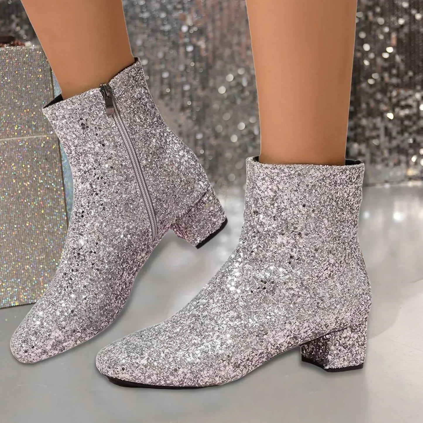 Streetwave Glitter Ankle Boots For Women With Block Heel Sparkling Glam Fashion Footwear