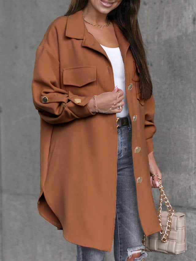Street-Wave Chantal Wool-Look Overshirt With Button Front Wool Collar And Lapel For Women