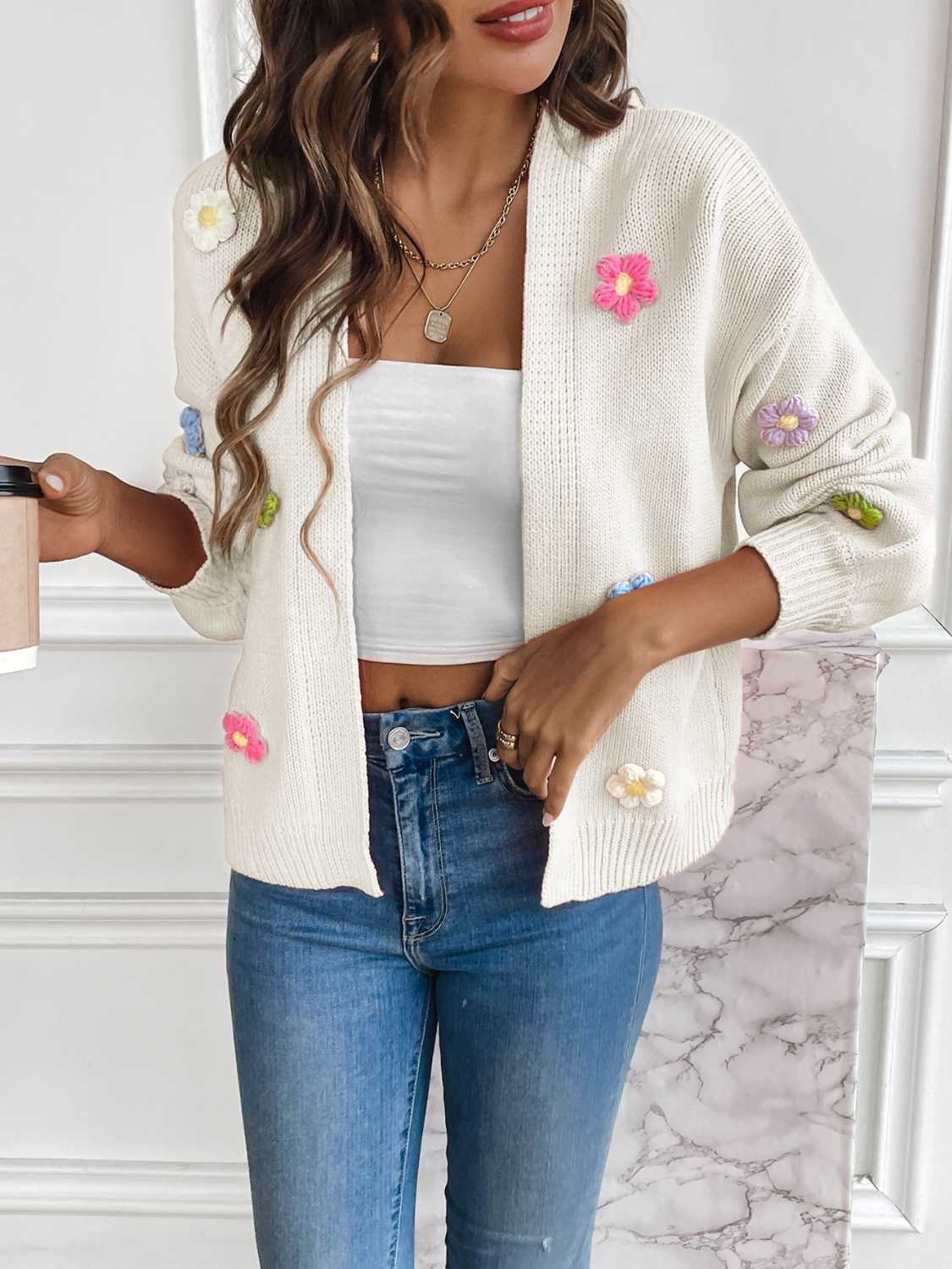 Street Wave Floral Knit Cardigan Open Front For Women Feminine Style And Cozy Comfort