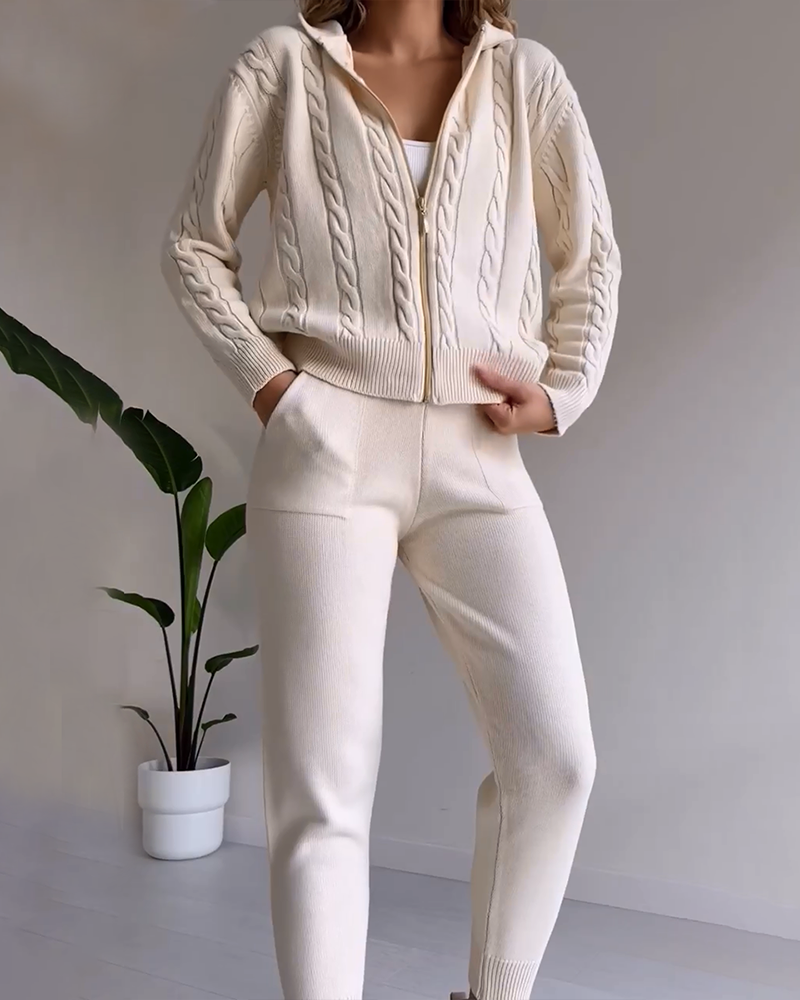Street-Wave Twist Knit Cardigan Set With Hoodie And Joggers For Women Cozy Breathable Cotton-Poly Tracksuit