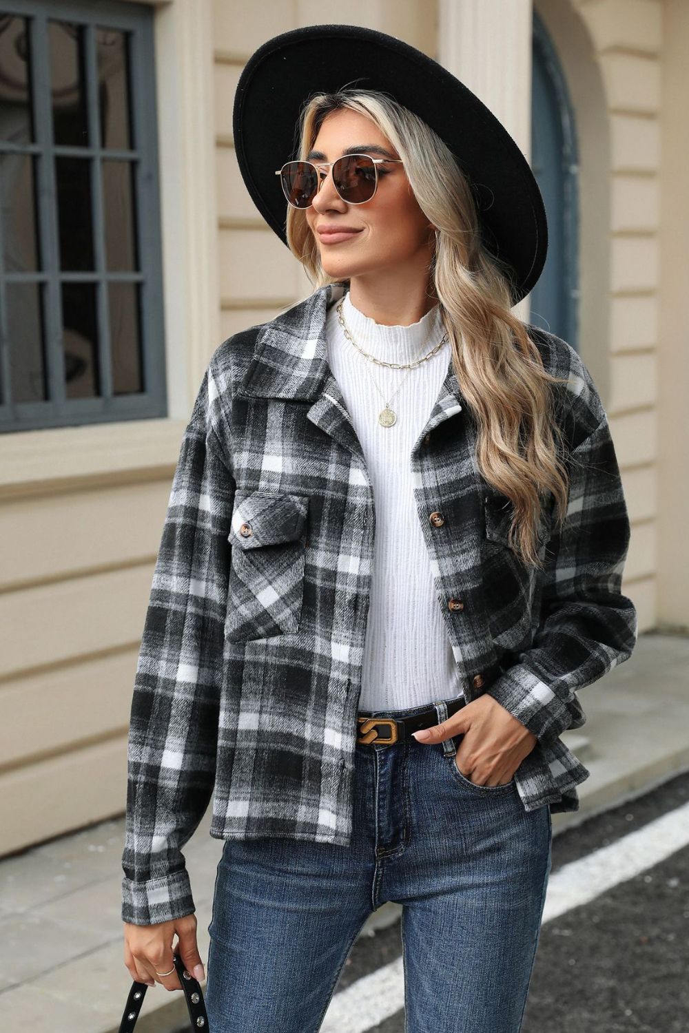 Street-Wave Plaid Button Jacket With Dropped Shoulder Design For Women Chic Everyday Wear